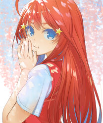 Rule 34 | 1girl, :t, blue eyes, closed mouth, from side, go-toubun no hanayome, hair between eyes, hair ornament, highres, hirokiku, long hair, looking at viewer, nakano itsuki, red hair, red sweater, shirt, short sleeves, solo, star (symbol), star hair ornament, straight hair, sweater, sweater vest, upper body, very long hair, white shirt