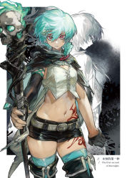 Rule 34 | 1girl, aqua hair, aqua thighhighs, belt, black gloves, black shorts, boots, braid, braided ponytail, breasts, cape, chain, character request, copyright request, cowboy shot, english text, fire, fish skeleton, gloves, green fire, guaiguaigun, hair between eyes, hair ornament, highres, hood, hood down, looking at viewer, midriff, navel, parted lips, pink eyes, profile, shadow, short shorts, shorts, single glove, skull, small breasts, staff, tattoo, thigh boots, thighhighs, thighhighs under boots
