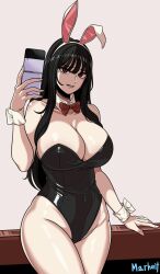 Rule 34 | 1girl, animal ears, artist name, beautiful gunbari, black hair, black leotard, bow, breasts, brown eyes, cellphone, covered navel, detached collar, fake animal ears, holding, holding phone, im-dana, large breasts, leotard, marheit, mole, mole under eye, phone, red bow, smartphone, smile, standing, thick thighs, thighs, wrist cuffs
