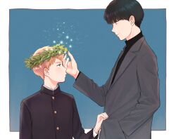 Rule 34 | 2boys, age difference, age switch, aged down, aged up, black border, black hair, black sweater, blazer, blonde hair, blue background, border, clothes grab, eye contact, flower, gakuran, grey jacket, hand in pocket, hand up, head wreath, height difference, highres, jacket, kageyama shigeo, light particles, long sleeves, looking at another, looking to the side, male focus, mob psycho 100, multiple boys, omatsuri130, outside border, profile, reigen arataka, school uniform, short hair, smile, sparkle, sweater, turtleneck, turtleneck sweater, upper body, yellow flower
