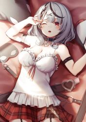 Rule 34 | 1girl, ;o, arm strap, arm up, armpits, bare arms, bare shoulders, black choker, braid, breasts, camisole, choker, cleavage, collarbone, eye mask, frilled shirt, frills, garter straps, grey hair, hair ornament, hand up, highres, hololive, looking at viewer, mask, unworn mask, medium breasts, miniskirt, multicolored hair, nyan (reinyan 007), one eye closed, open mouth, plaid, plaid skirt, pleated skirt, red eyes, red skirt, sakamata chloe, sakamata chloe (1st costume), shirt, short hair, skirt, sleeveless, sleeveless shirt, solo, spaghetti strap, streaked hair, virtual youtuber, white shirt, x hair ornament
