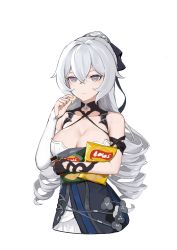 Rule 34 | 1girl, :t, bare shoulders, black gloves, breasts, bronya zaychik, bronya zaychik (silverwing: n-ex), chips (food), cleavage, cropped torso, detached sleeves, dress, drill hair, eating, food, gloves, grey eyes, grey hair, hand up, heiza, highres, holding, honkai (series), honkai impact 3rd, large breasts, lay&#039;s (potato chips), long hair, long sleeves, looking at viewer, ponytail, potato chips, simple background, single detached sleeve, single glove, sleeveless, sleeveless dress, solo, white background, white dress