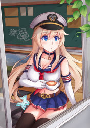 Rule 34 | 1girl, belt, black thighhighs, blonde hair, blue eyes, blush, breasts, brown belt, chalkboard, chinese commentary, choker, classroom, cleavage, commentary request, cup, elbow gloves, enterprise (warship girls r), gloves, hat, lao qi, large breasts, long hair, low-tied long hair, midriff, miniskirt, navel, partial commentary, peaked cap, school uniform, serafuku, shirt, skirt, sleeveless, sleeveless shirt, teacup, thighhighs, warship girls r
