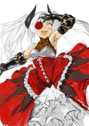 Rule 34 | 1girl, absurdres, armpits, cyclops princess (last origin), dress, gauntlets, gothic lolita, hair between eyes, hair intakes, highres, last origin, lolita fashion, open mouth, rose eyepatch, rowkiba, silver hair, simple background, smile, solo, twintails, white background, yellow eyes
