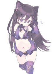 Rule 34 | 1girl, animal ears, bikini, bikini skirt, black bikini, blade (galaxist), blush, cat ears, cropped legs, gloves, long hair, looking at viewer, mary lane, navel, open mouth, paw pose, pop-up story, purple eyes, purple gloves, purple hair, purple thighhighs, simple background, solo, swimsuit, tareme, thighhighs, translation request, white background