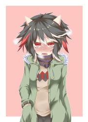 Rule 34 | 1girl, alternate costume, arrow (symbol), black hair, blush, coat, contemporary, fang, hand in pocket, horns, kijin seija, killing, looking at viewer, multicolored hair, open mouth, pink background, red eyes, red hair, scarf, short hair, solo, sweat, touhou, white hair, winter clothes, winter coat
