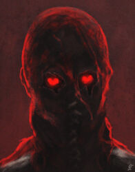 Rule 34 | 1boy, brightburn, brightburn (character), commentary, david tector, english commentary, eye socket, glowing, glowing eyes, heart, heart-shaped eyes, highres, lace, looking at viewer, male focus, mask, portrait, red background, red eyes, red mask, simple background, solo, supervillian