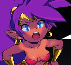 Rule 34 | &gt;:o, 1girl, :o, angry, armpits, blue eyes, breasts, brekkist, choker, cleavage, collarbone, cropped, dark skin, dark-skinned female, female focus, hair ornament, hand on own hip, navel, open mouth, pointy ears, ponytail, purple hair, shantae, shantae (series), solo, source request, stomach, teeth, upper body, v-shaped eyebrows, vambraces