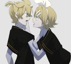 Rule 34 | 1boy, 1girl, black shirt, blonde hair, blue eyes, bow, collar, crypton future media, eiku, finger in another&#039;s mouth, from side, gradient background, grey background, hair bow, hair ornament, hairclip, hand on another&#039;s neck, kagamine len, kagamine rin, looking at another, open mouth, piapro, shirt, short hair, short sleeves, vocaloid, white bow