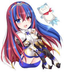 Rule 34 | 1girl, alear (female) (fire emblem), alear (fire emblem), blue eyes, blue hair, chibi, commentary request, fire emblem, fire emblem engage, hair between eyes, heterochromia, highres, kirishima riona, long hair, multicolored hair, nintendo, open mouth, red eyes, red hair, sitting, skirt, smile, solo, sommie (fire emblem), split-color hair, thighhighs, tiara, two-tone hair, white background