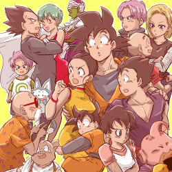 Rule 34 | 4girls, 6+boys, android 18, annoyed, back turned, bald, black eyes, black hair, blonde hair, blue eyes, blue hair, blush, brothers, bulma, cape, chi-chi (dragon ball), child, chinese clothes, closed eyes, dougi, dragon ball, dragonball z, dress, earrings, eating, expressionless, father and son, happy, highres, jacket, jewelry, kuririn, looking at another, looking away, majin buu, miiko (drops7), mother and son, multiple boys, multiple girls, muten roushi, nervous, oolong, open mouth, piccolo, puar, purple hair, shirt, short hair, siblings, simple background, smile, son gohan, son goku, son goten, sunglasses, sweatdrop, trunks (dragon ball), trunks (future) (dragon ball), turban, vegeta, videl, yellow background