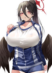 Rule 34 | 1girl, :o, absurdres, black choker, black hair, blue archive, blue jacket, blush, breasts, choker, collarbone, commentary request, hair between eyes, halo, hasumi (blue archive), hasumi (track) (blue archive), highres, huge breasts, jacket, large breasts, long hair, long sleeves, looking at viewer, low wings, mole, mole under eye, namazu (yamasonson), parted lips, partially unzipped, ponytail, red eyes, shirt, simple background, solo, white background, white shirt, wings