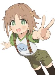 Rule 34 | + +, 1girl, :d, black thighhighs, blonde hair, blush stickers, brown hair, collarbone, commentary request, fang, green eyes, green shorts, highres, looking at viewer, multicolored hair, oka asahi, onii-chan wa oshimai!, open mouth, outstretched arm, parted bangs, raglan sleeves, seramikku, shirt, short sleeves, shorts, simple background, smile, solo, streaked hair, suspender shorts, suspenders, thighhighs, two side up, v, v-shaped eyebrows, white background, white shirt