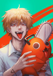 Rule 34 | 1boy, absurdres, animal, blonde hair, chainsaw, chainsaw man, collared shirt, denji (chainsaw man), fangs, green background, highres, holding, holding animal, looking at viewer, male focus, open mouth, orange eyes, pochita (chainsaw man), sharp teeth, shirt, short hair, simple background, spiked hair, staryoruu, teeth, tongue, tongue out, white shirt