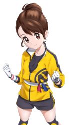Rule 34 | 1girl, black shirt, black shorts, brown eyes, brown hair, clenched hands, closed mouth, commentary request, creatures (company), dynamax band, eyelashes, game freak, gloria (pokemon), gloves, hair bun, highres, ia (ilwmael9), jacket, knee pads, looking at viewer, master dojo uniform, nintendo, pokemon, pokemon swsh, shirt, short hair, shorts, side slit, side slit shorts, simple background, smile, solo, white background, white gloves, yellow jacket