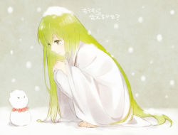 Rule 34 | 1other, androgynous, barefoot, danemaru, enkidu (fate), fate/strange fake, fate (series), full body, gilgamesh (fate), green hair, hair up, jewelry, long hair, necklace, other focus, pants, robe, snow, snow on head, snowing, snowman, solo, solo focus, squatting, very long hair, white pants
