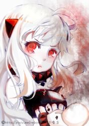 Rule 34 | 10s, 1girl, abyssal ship, ahoge, colored skin, dress, horns, kantai collection, long hair, looking at viewer, luji, mittens, northern ocean princess, pout, red eyes, solo, tears, watermark, web address, white dress, white hair, white skin