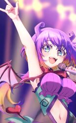 Rule 34 | + +, 1girl, :o, \n/, absurdres, arm up, blue eyes, blurry, blurry background, bow, breasts, colored inner hair, crocell keroli, demon wings, heart, heart tail, highres, holding, holding microphone, horns, idol clothes, large breasts, looking at viewer, mairimashita! iruma-kun, microphone, multicolored hair, music, navel, orange hair, purple hair, purple horns, red bow, singing, solo, stage lights, tail, tsuzura amanatsu, wings