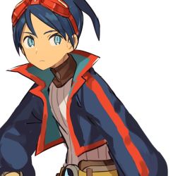 Rule 34 | 1boy, belt, black hair, blue eyes, breath of fire, breath of fire v, closed mouth, goggles, goggles on head, jacket, kanyoko (yuzukano 17), male focus, open clothes, open jacket, ponytail, ryuu (breath of fire v), simple background, solo, white background