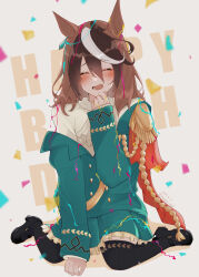 Rule 34 | 1girl, aiguillette, animal ears, black footwear, black thighhighs, blush, brown hair, closed eyes, commentary request, confetti, earrings, epaulettes, hair between eyes, hand on own chin, happy birthday, horse ears, horse girl, horse tail, jewelry, long hair, long sleeves, loose clothes, medal, mochiyu (mochiko), multicolored hair, open mouth, shirt, single earring, single epaulette, sitting, skirt, smile, streaked hair, symboli rudolf (umamusume), tail, thighhighs, umamusume, white hair