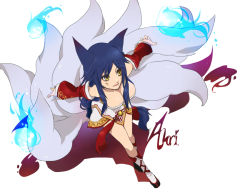 Rule 34 | 1girl, ahri (league of legends), animal ears, black hair, blue fire, breasts, character name, cleavage, facial mark, fire, fox ears, fox tail, kakip, league of legends, long hair, multiple girls, shadow, simple background, solo, tail, white background, yellow eyes
