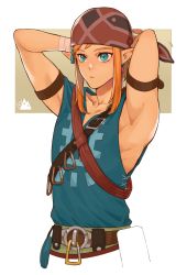 Rule 34 | 1boy, absurdres, armpits, arms up, bad id, bad pixiv id, bandana, belt, blonde hair, brown background, brown belt, brown headwear, closed mouth, collarbone, commentary request, cropped torso, earrings, green eyes, green shirt, highres, ivy (sena0119), jewelry, link, looking to the side, male focus, nintendo, pointy ears, shirt, sleeveless, sleeveless shirt, solo, the legend of zelda, the legend of zelda: breath of the wild, tunic, two-tone background, tying, upper body, white background