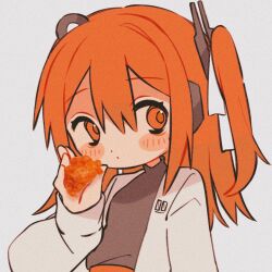 Rule 34 | 1girl, a.i. voice, adachi rei, blush, closed mouth, food, fried chicken, hair between eyes, hair ribbon, highres, holding, holding food, jacket, long hair, long sleeves, looking at viewer, mochi (na si), one side up, open clothes, open jacket, orange eyes, orange hair, radio antenna, ribbon, simple background, solo, turtleneck, upper body, utau, white jacket