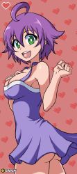 Rule 34 | 1girl, artist name, ass, breasts, cleavage, dress, from side, green eyes, hand on own chest, heart, large breasts, legs, looking at viewer, no panties, open mouth, original, purple hair, sideboob, sleeveless, sleeveless dress, smile, solo, thick thighs, thighs, yukino akaihi, yukino memories