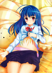 Rule 34 | 1girl, ahoge, blue hair, blush, bow, breasts, clothes lift, clothes pull, highres, hinanawi tenshi, lifting own clothes, long hair, long sleeves, looking at viewer, nyahonyaho1987, panties, pink panties, pleated skirt, pulling own clothes, purple skirt, red bow, red eyes, red neckwear, shirt, shirt lift, skirt, skirt pull, solo, touhou, underwear, white shirt
