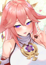 Rule 34 | 1girl, bare shoulders, blush, breasts, candy, chocolate, chocolate heart, food, genshin impact, hair between eyes, hair ornament, half-closed eyes, heart, highres, holding, japanese clothes, jura, large breasts, looking at viewer, miko, open mouth, pink hair, purple eyes, solo, tofu, upper body, valentine, yae miko