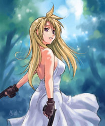 Rule 34 | 00s, 1girl, back, backless dress, backless outfit, bare back, bare shoulders, blonde hair, brown eyes, dappled sunlight, dress, dual wielding, fingerless gloves, gloves, gun, handgun, holding, long hair, looking back, lowres, madlax, madlax (character), maruto!, pistol, purple eyes, sig sauer, solo, strapless, strapless dress, sunlight, weapon