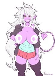 Rule 34 | bewbchan, breasts, demon girl, demon tail, hand on own hip, highres, large breasts, long hair, miniskirt, nipples, pointy ears, sharp teeth, skirt, smile, smug, sweater, tail, teeth, thick thighs, thighhighs, thighs, white hair, yellow eyes, zeezee (bewbchan)