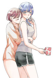 Rule 34 | 2girls, akiyama haru, ass, black shorts, blue hair, breasts, brown hair, cellphone, commentary request, cup, dolphin shorts, green eyes, grey tank top, highres, holding, holding cup, holding phone, hug, hug from behind, kissing shoulder, large breasts, long hair, looking at viewer, multiple girls, orange shirt, original, phone, shirt, short hair, shorts, sleeves rolled up, smartphone, sweatdrop, tank top, yuri
