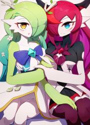 Rule 34 | 2girls, absurdres, animalization, black skirt, black thighhighs, blue eyes, blush, ceres fauna, cosplay, creatures (company), dress, flower, game freak, gardevoir, gardevoir (cosplay), gen 3 pokemon, getto, grey hair, hair flower, hair ornament, hair over one eye, hand on another&#039;s thigh, heart, heart hands, heart hands duo, highres, hololive, hololive english, interlocked fingers, invisible chair, irys (hololive), looking at viewer, multiple girls, nintendo, open mouth, pink hair, pokemon, pokemon (creature), sitting, skirt, thighhighs, virtual youtuber, white dress, yellow eyes