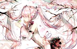 Rule 34 | 1girl, alternate color, alternate hair color, bare shoulders, bird, branch, cherry blossoms, detached sleeves, female focus, flower, frilled skirt, frills, hair flower, hair ornament, hatsune miku, long hair, name connection, nature, object namesake, outdoors, pale color, petals, pink eyes, pink hair, pink theme, rooseputo 02, sakura miku, skirt, solo, tree, twintails, very long hair, vocaloid, white background