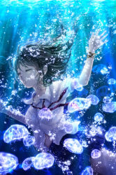 Rule 34 | 1girl, afloat, air bubble, blue skirt, bracelet, bubble, closed eyes, collared shirt, commentary request, green hair, highres, jellyfish, jewelry, necktie, nuwanko, original, outstretched arms, parted lips, red necktie, school uniform, shirt, short sleeves, skirt, solo, spread arms, underwater, white shirt, wing collar