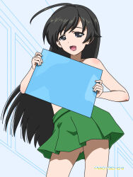 Rule 34 | 1girl, ahoge, artist name, black eyes, black hair, commentary request, cowboy shot, dated, english text, girls und panzer, green skirt, half-closed eyes, highres, isuzu hana, long hair, looking at viewer, miniskirt, naotosi, open mouth, pleated skirt, skirt, smile, solo, standing, topless