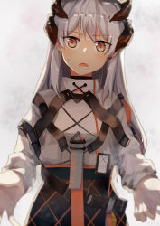 Rule 34 | 1girl, absurdres, arknights, artist name, belt, black skirt, blurry, chest strap, chinese commentary, commentary request, depth of field, dragon horns, earclip, earrings, grey background, high-waist skirt, highres, horns, id card, jewelry, long hair, long sleeves, looking at viewer, lower teeth only, open mouth, orange eyes, reaching, reaching towards viewer, saria (arknights), shirt, silver hair, single earring, skirt, solo, sweatdrop, teeth, upper body, white shirt, ydpfa