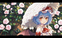 Rule 34 | 1girl, ascot, blue hair, dise (psychoro), dress, flower, hair between eyes, hat, highres, holding, holding umbrella, letterboxed, mob cap, open mouth, pink flower, pink rose, red ascot, red eyes, remilia scarlet, rose, short hair, short sleeves, smile, solo, touhou, umbrella, upper body, white dress, white hat
