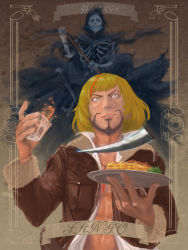 Rule 34 | 91 days, alcohol, antique phone, blonde hair, character name, copyright name, death (entity), facial hair, fango, food, gun, holding, holding plate, jacket, leather, leather jacket, male focus, open clothes, open jacket, phone, plate, rotary phone, sankyo (821-scoville), scythe, smirk, weapon