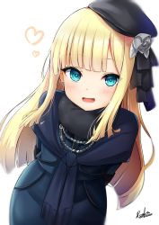 Rule 34 | 1girl, :d, arms behind back, black headwear, blonde hair, blue dress, blue eyes, blush, cowboy shot, dress, fate (series), heart, leaning forward, long hair, looking at viewer, lord el-melloi ii case files, open mouth, reines el-melloi archisorte, renka (cloudsaikou), signature, simple background, smile, solo, standing, white background