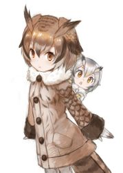 Rule 34 | 10s, 2girls, :o, age difference, aged down, arms at sides, baby, blonde hair, brown coat, brown gloves, brown hair, buttons, coat, collar, eurasian eagle owl (kemono friends), eyelashes, fur-trimmed sleeves, fur collar, fur trim, gale kawaii, gloves, grey coat, grey gloves, grey hair, grey legwear, head wings, kemono friends, light brown hair, long sleeves, looking at viewer, multicolored clothes, multicolored gloves, multicolored hair, multiple girls, northern white-faced owl (kemono friends), open mouth, orange eyes, pantyhose, pocket, short hair, simple background, size difference, tail, tareme, white background, white hair, wings, yellow eyes, yellow gloves