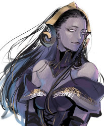 Rule 34 | 1girl, black hair, breasts, cleavage, collarbone, commentary request, detached collar, diadem, dress, elbow gloves, facial tattoo, gloves, gold trim, highres, ikuhana niiro, liliana vess, lips, looking to the side, magic: the gathering, medium breasts, off-shoulder dress, off shoulder, pale skin, purple dress, purple eyes, shadow, simple background, solo, tattoo, upper body, white background