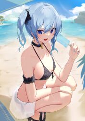 Rule 34 | 1girl, absurdres, beach, bikini, black choker, blue eyes, blue hair, breasts, choker, commentary request, day, food, highres, holding, holding food, holding popsicle, hololive, hoshimachi suisei, looking at viewer, medium breasts, mikaku, ocean, open mouth, outdoors, partial commentary, popsicle, side ponytail, solo, squatting, swimsuit, virtual youtuber