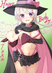 1girl @_@ absurdres ayachi_nene belt belt_bra belt_collar black_cape black_hat black_skirt blush bow breasts cape capelet cleavage collar commentary_request commission covering_breasts covering_privates cowboy_shot detached_sleeves embarrassed eyes_visible_through_hair floating_hair green_background grey_hair hair_between_eyes hands_up happy_birthday hat hat_bow highres ju3cxqko75m199r large_breasts long_hair long_sleeves looking_at_viewer miniskirt navel nose_blush open_mouth outstretched_hand pink_belt pink_bow pink_capelet pleated_skirt purple_eyes sanoba_witch simple_background skindentation skirt solo stomach sweatdrop tearing_up tears two-sided_cape two-sided_fabric wavy_mouth wide-eyed wide_sleeves witch witch_hat