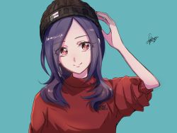 Rule 34 | 1girl, beanie, black hat, commentary request, copyright name, english text, eyelashes, fpminnie1, fresh precure!, happy, hat, higashi setsuna, highres, looking at viewer, medium hair, precure, purple eyes, red eyes, red sweater, signature, simple background, sketch, smile, solo, sweater