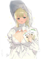 Rule 34 | 1girl, bean sprout, blonde hair, blunt bangs, blush, bow, breasts, cleavage, dress, food, frilled dress, frills, green eyes, hair between eyes, hat, highres, holding, large breasts, long hair, long sleeves, looking at viewer, o-ring, official art, open mouth, package, puffy sleeves, ribbon, senran kagura, senran kagura burst, senran kagura shoujo-tachi no shin&#039;ei, signature, simple background, smile, solo, sparkle, teeth, tongue, upper body, upper teeth only, white background, white bow, white dress, white hat, yaegashi nan, yomi (senran kagura)