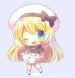 Rule 34 | 1girl, ;d, beret, black bow, black footwear, black shirt, blonde hair, blue background, blue eyes, blue sailor collar, blush, bobby socks, bow, chibi, commentary request, full body, gloves, green eyes, hat, jervis (kancolle), kantai collection, kou hiyoyo, long hair, multicolored eyes, one eye closed, open mouth, pleated skirt, puffy short sleeves, puffy sleeves, sailor collar, sailor shirt, shirt, short sleeves, skirt, smile, socks, solo, standing, standing on one leg, twitter username, very long hair, white gloves, white hat, white skirt, white socks