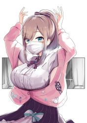Rule 34 | 1girl, absurdres, arms up, blue eyes, blush, bow, breasts, frilled shirt, frills, hair bow, highres, jewelry, large breasts, looking at viewer, mask, medium hair, mouth mask, nijisanji, open clothes, pink hair, pink sweater, ponytail, shirt, skirt, solo, surgical mask, suzuhara lulu, sweater, taketatetakeya, virtual youtuber