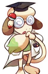 Rule 34 | animal ears, creatures (company), dog ears, furry, game freak, gen 2 pokemon, glasses, holding, holding own tail, lab coat, nintendo, notebook, open mouth, pencil, plum! (plumcea), poke ball, poke ball (basic), pokemon, pokemon (creature), simple background, smeargle, solo, standing, tail, white background